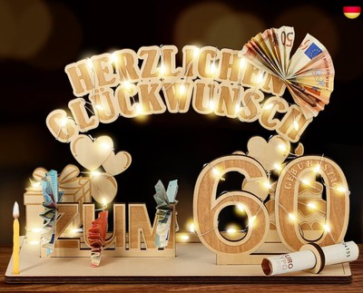 Giftota Original 60. Geburtstag Geldgeschenke Holz mit LED Lichterkette,