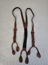 Mens Genuine Leather Braided Wrapped Buckle Suspenders Braces Black Elastic