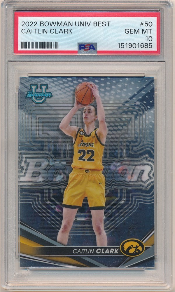 CAITLIN CLARK 2022/23 BOWMAN'S BEST UNIVERSITY 50 RC ROOKIE IOWA PSA 10 GEM MINT