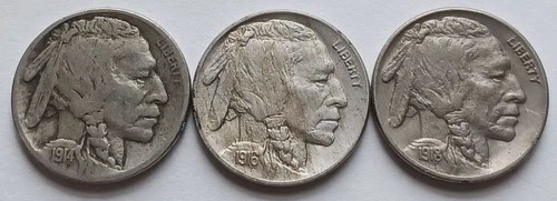 1914-S, 1916, 1918 Buffalo Nickels Fine to XF, Three Better Date 5C coins