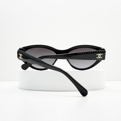 Chanel CH71670A Cat-Eye Sunglasses Women Black Gray Lens Gold CC