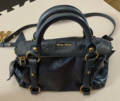 miu miu VITELLOLUX 2WAY bag Ribbon Black MIU MIU Vitello Lux Side