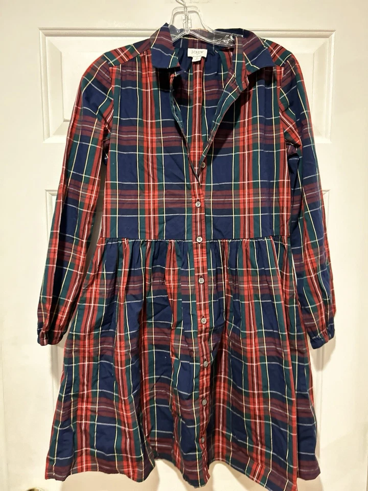 J Crew Factory Ruffle Mock Neck Stewart Tartan Plaid Tie Waist Shirt Dress Sz 2 - Image 2 of 4