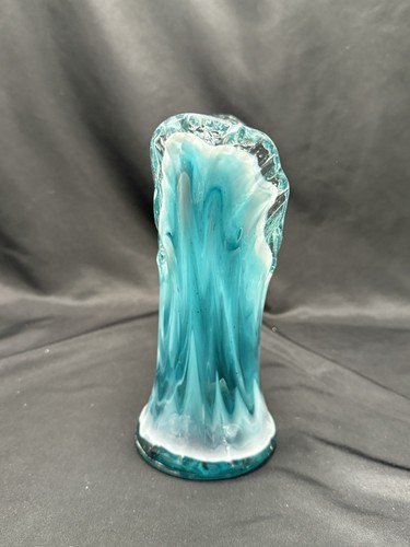 Art Glass Ruffled Wavy Free Form Blue White Clear Vase 8” Tall Unmarked - Picture 2 of 6