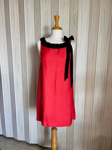 Fendi Red/Black Silk Satin Sleeveless Shift Dress Bow Ruffle Neck Size 40