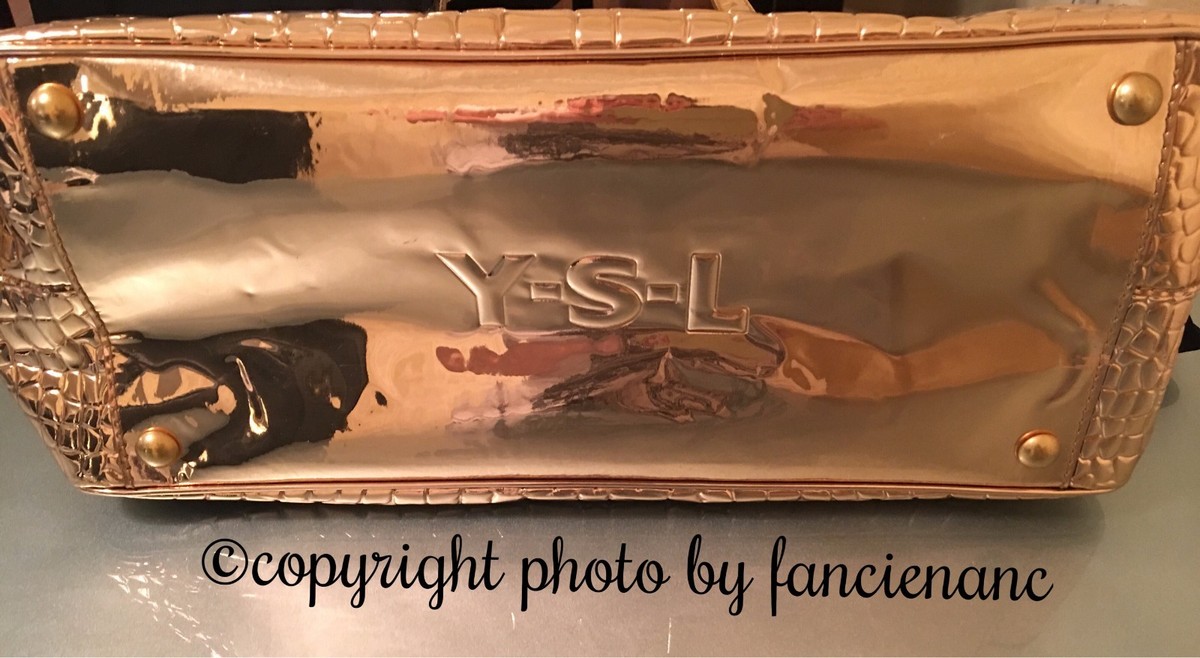 YVES SAINT LAURENT Gold Crocodile Embossed Patent Leather Raspail