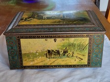 Ancienne Boîte en métal lithographiée décor campagne, miroir intérieur bel état
