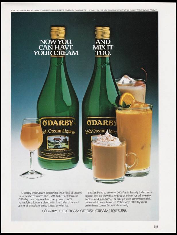 O'Darby Irish cream liqueur print ad 1981 different glasses O'Darby Irish cream liqueur print ad 1981 different glasses