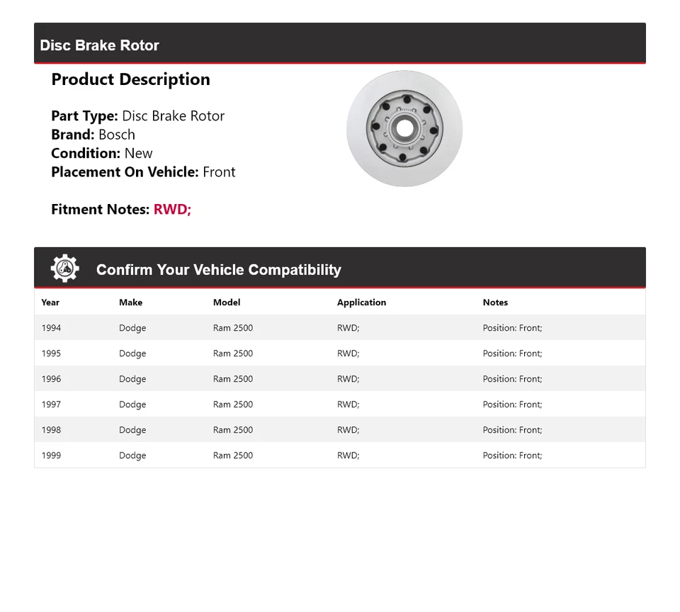 Rotor de freno de disco delantero Bosch QuietCast 1995 para Dodge Ram 2500 tracción trasera 1994-1999 Foto 2 de 4