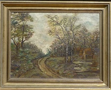 IMPRESSIONIST -SUNNY FOREST PATH WITH BIRCHES & COTTAGE -OIL PAINTING AROUND 1900