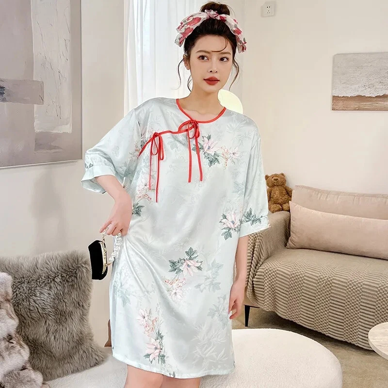 Sexy Women Rayon Nightgown Silky Satin Homedress Night Dress Sleepwear Soft  Gown
