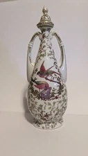 Antique Porcelain Bird Motif Double Handled Urn/Vase/Bottle 16"