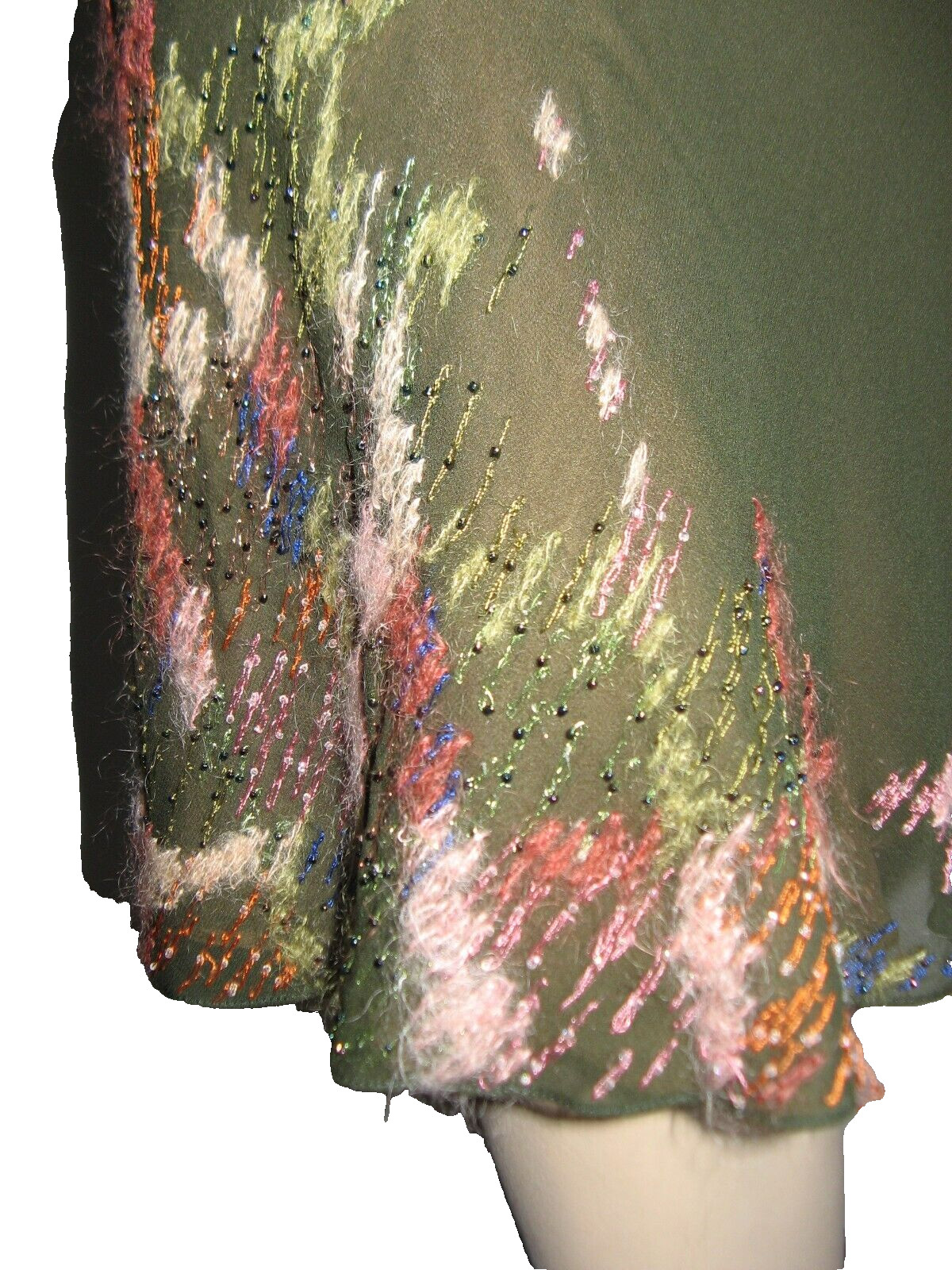 LANVIN vintage 1998, tailleur jupe soie vert kaki brodé, taille S