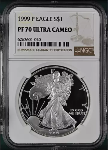 PF70 UCAM 1999-P American Silver Eagle - Brown Label NGC Spot Free White