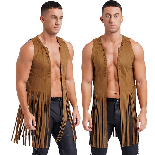 Mens Tank Fancy Dress Waistcoat Western Top Party Shirts Jacket Vest Hippy Long - Picture 2 of 28