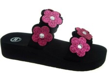 Wonder Nation Girls Slip On Flip Flops Black W Pink Flowers Size 12/13 NEW