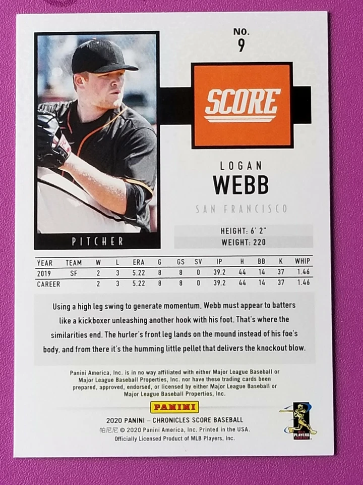 2020 Chronicles Score Logan Webb San Francisco Giants Rookie Card  - Image 2 of 2