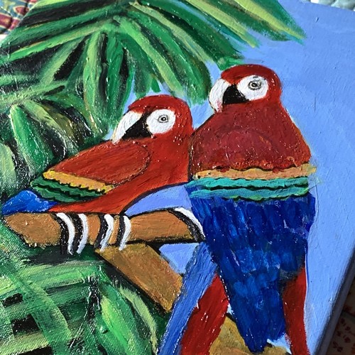 Arte Original Firmado Pintura Tropical Palmera Coloridos Loros 9x12 Pájaros - Imagen 3 de 7