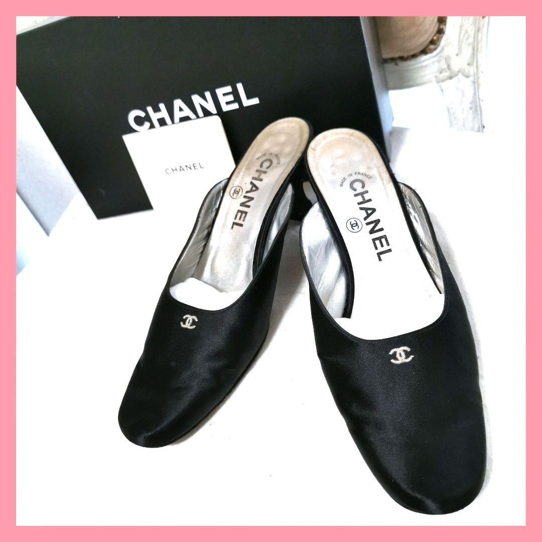 CHANEL Coco Mark Black Heeled Mules Size 36 US 6 ES1