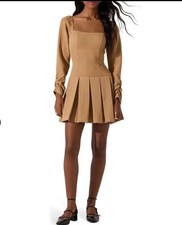ASTR The Label Long Sleeve Pleated Mini Dress, New , Sz Small , Color-Tan