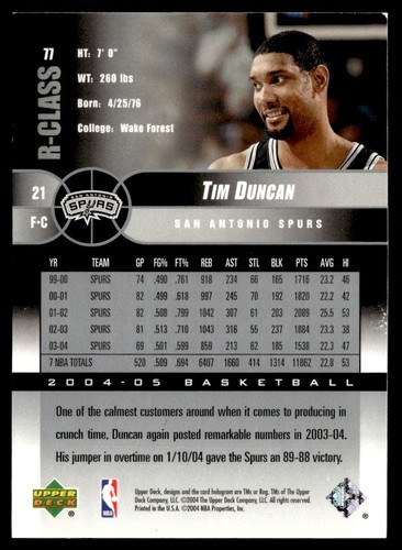 2004-05 Upper Deck R-Class Tim Duncan San Antonio Spurs #77 - Picture 2 of 2