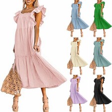 Women's Best Selling Flutter Sleeve Square Neck Off Shoulder Ruffled Hem Dress