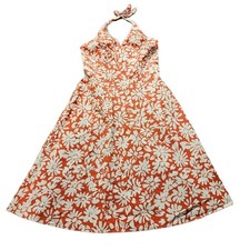 Ann Taylor Midi Dress Womens Size 2 Orange White Floral Halter Neck Back Zip