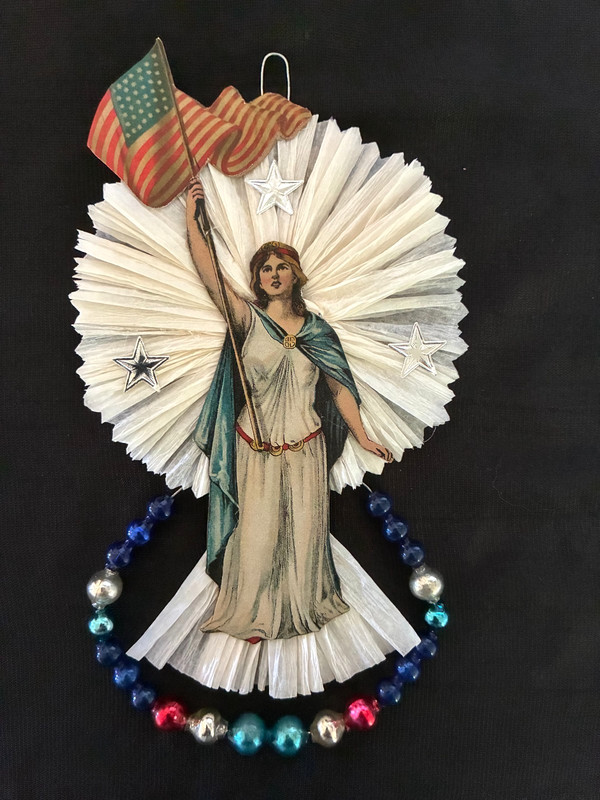 Antique Look Scrap  Ornament,  PATRIOTIC,  LADY LIBERTY, Flag,  Glass,  Handmade