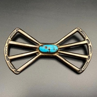 Vintage Navajo Turquoise Bowtie Stampwork Sterling Silver Sandcast Brooch Pin