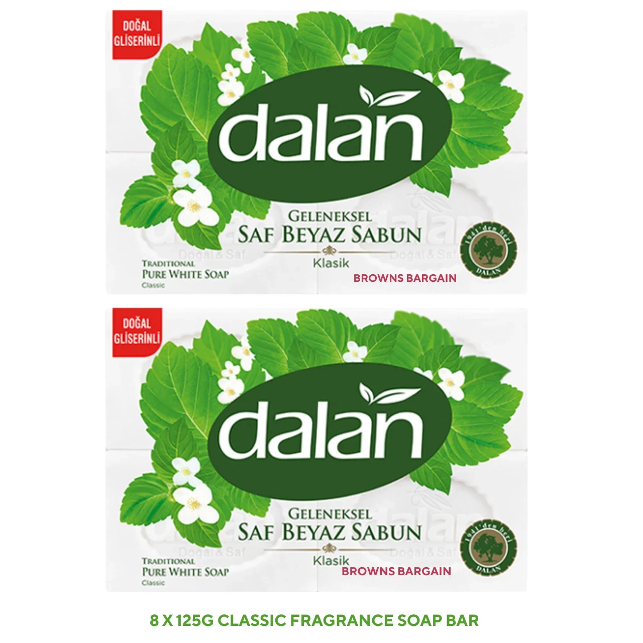 8 x 125g Dalan TURKISH Traditional PURE WHITE CLASSIC MINT bath soap bar
