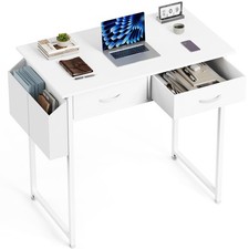 Small Computer Desk 32 Inch with 2 Fabric Storage Drawer Space Side Pockets H...
