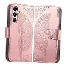 for Samsung Galaxy A15 Wallet Case, Butterfly Flower Embossed Rose Gold
