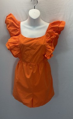 Day+Moon Womens Romper Ruffle Detail Tie Back Poplin Off Shoulder Sz S Spring