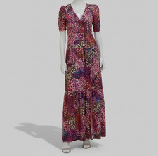Vince Camuto Women's Purple Printed Shirred V-Neck Elbow Sleeve Dress Size 2
