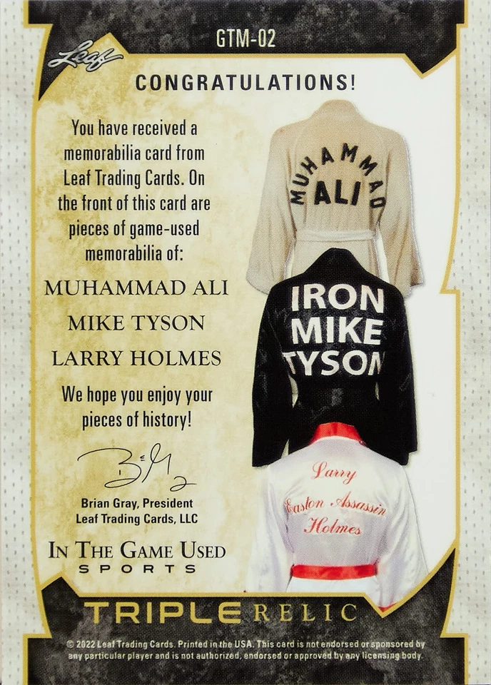 2022 Leaf Triple Relic Muhammad Ali Mike Tyson Larry Holmes /25 Game Used!! - Image 2 of 2