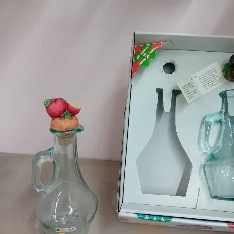 SET 2 Oliere Ampolle Olio Aceto VETRO Linea Quattro  Tappi Frutta Ceramica NOS - Immagine 4 di 4