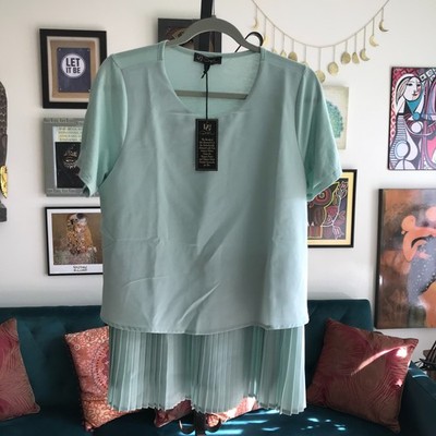 DG2 Diane Gilman size M Aqua Green Pleated Layered Tunic Pullover NWT
