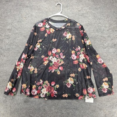 SHEIN FIT+ Blouse Womens US 28/30 Black Mesh Floral Long Sleeve Basic Stretch