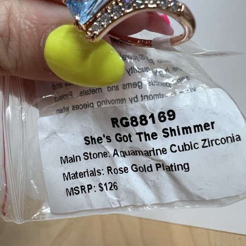 "She's Got The Shimmer" Bomb Party Ring Aquamarine Cubic Zirconia Rose Gold Sz 9 - Picture 13 of 15