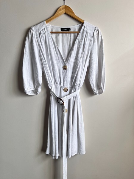Valley Girl White Linen Button Down Mini Sun Dress Size 8