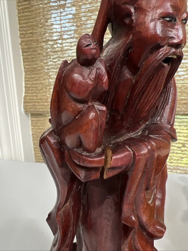 Vintage Chinese Hand-Carved Wood Fu & Shou Statues – 11” & 12” – Fu Lu Shou - Picture 10 of 12