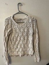 LOFT Ivory Lace Knit Crew Neck Sweater Women's Size S Lightweight Casual