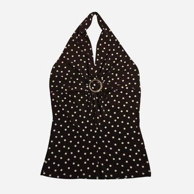 y2k retro pinup style brown polka dot halter top with faux wood detail.