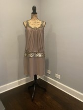Sue Wong Nocturne Taupe Beaded Blouson Drop Waist Cowl Back Party Dress sz12