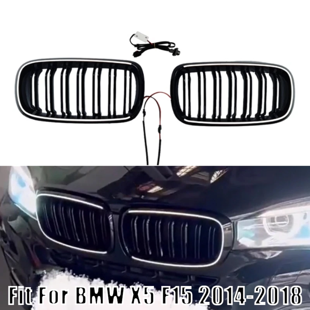 Gloss Black Front Racing LED Grilles For BMW F15 F16 X5 X6 Series 2014-18
