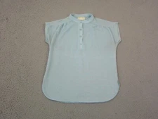True Vintage Knitmakers Shirt Womens Petite 10P Blue Cap Sleeve Mandarin Collar