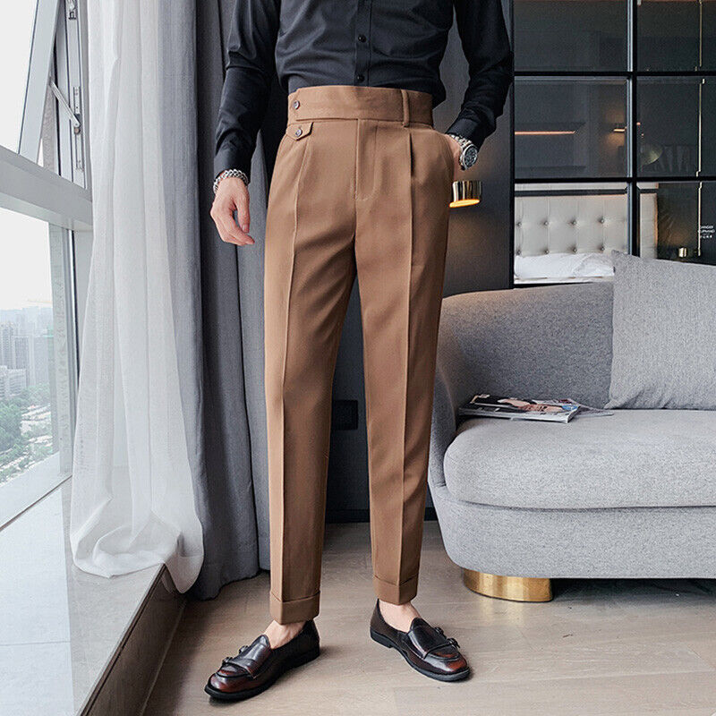 Men High Waist Pleated Pants Straight Leg Tapered Trousers Slim