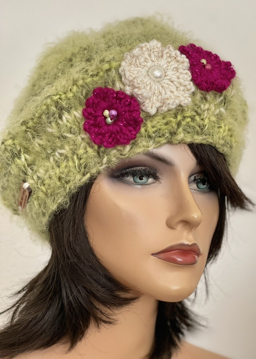 Hand Knits 2 Love Slouch Beanie Hat Tam Beret Flowers Beads Designer Mohair Like Hand Knits 2 Love Beanie Hat Cap Flowers Beads Designer  main image 4