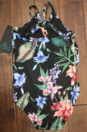AQUA GREEN Women's Wrap One Piece Swimsuit- Black Floral-CHOOSE SIZE NEW! - Picture 7 of 7