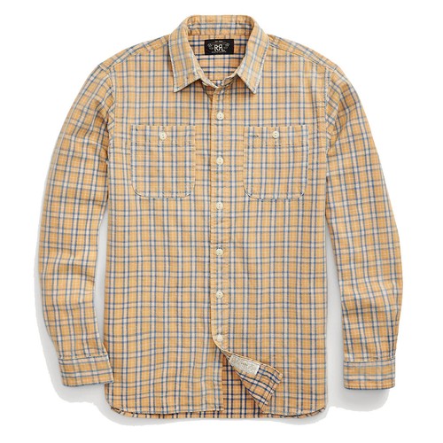 New RRL by Ralph Lauren Plaid Woven Workshirt Tan / Indigo Mens Sz Large Cotton